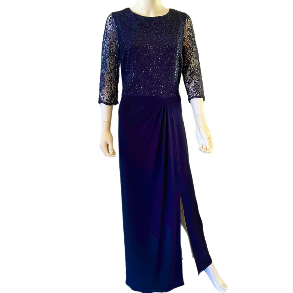 ALEX EVENINGS Navy Blue Sequin and Knit Formal Gown SIZE 14